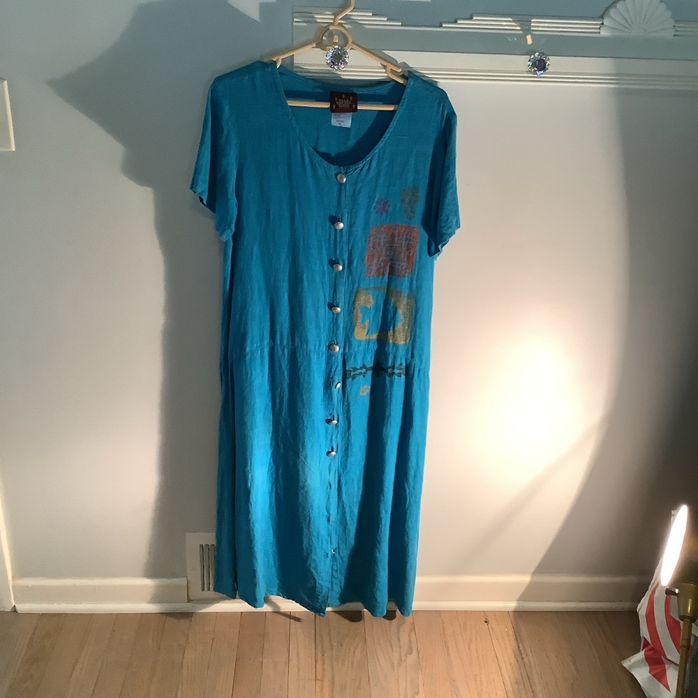Hand decorated linen dress. Sz MP.   Very gently used.